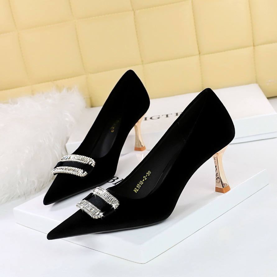 1818-K76 European And American Style Fashionable Party Women's Shoes, High-heeled, Shallow Pointed Toe, Suede, Metal_vogvips.com