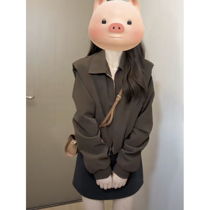 早秋小个子棕色美拉德风短外套女2024年新款慵懒风小众别致设计感