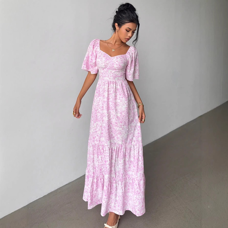 Cross-Border Shein New Long Dress, Summer Pastoral Style Fashionable and Elegant Printed Long Dress with Square Collar and Puff Sleeves