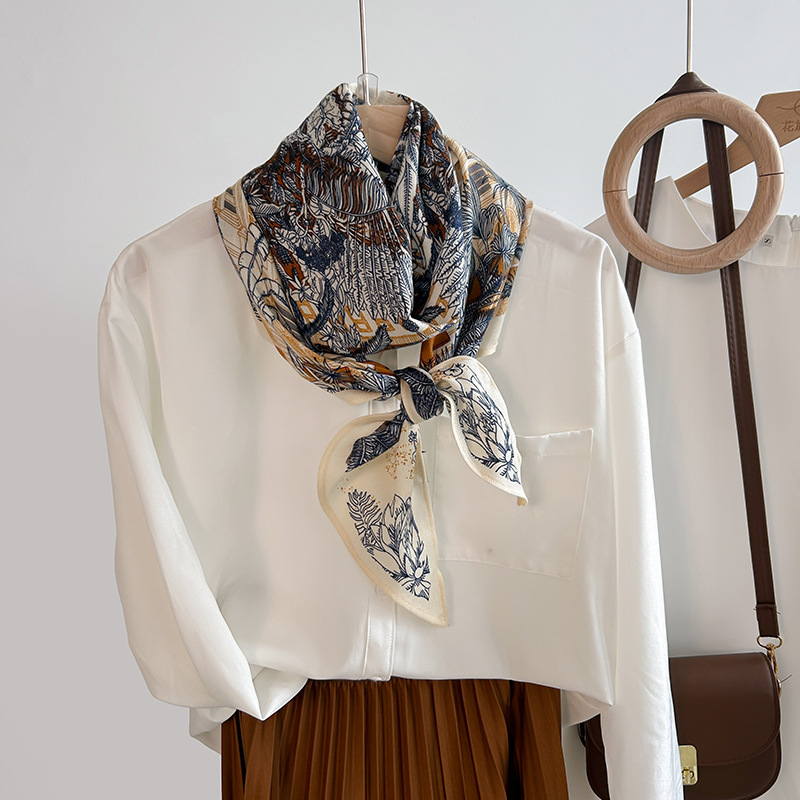 Estilo coreano nueva bufanda paralela bufanda de seda de imitación primavera y otoño damas estilo fino de alta gama planta bufanda con estampado de flores
