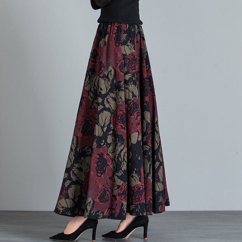 Special Offer***Autumn and Winter New Style Woolen Skirt with Flap Pocket Pantss, Ethnic High-Waisted Retro Floral Long Skirt, Large Size Skirt