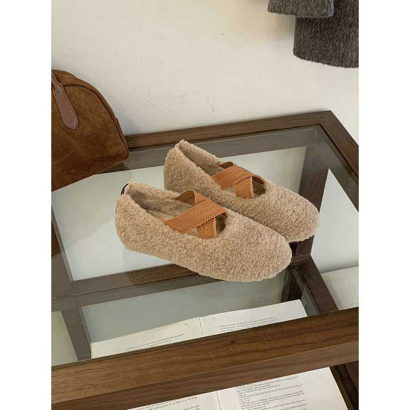 丹麦小熊~加绒交叉带芭蕾舞鞋内增高5cm玛丽珍单鞋女毛毛鞋