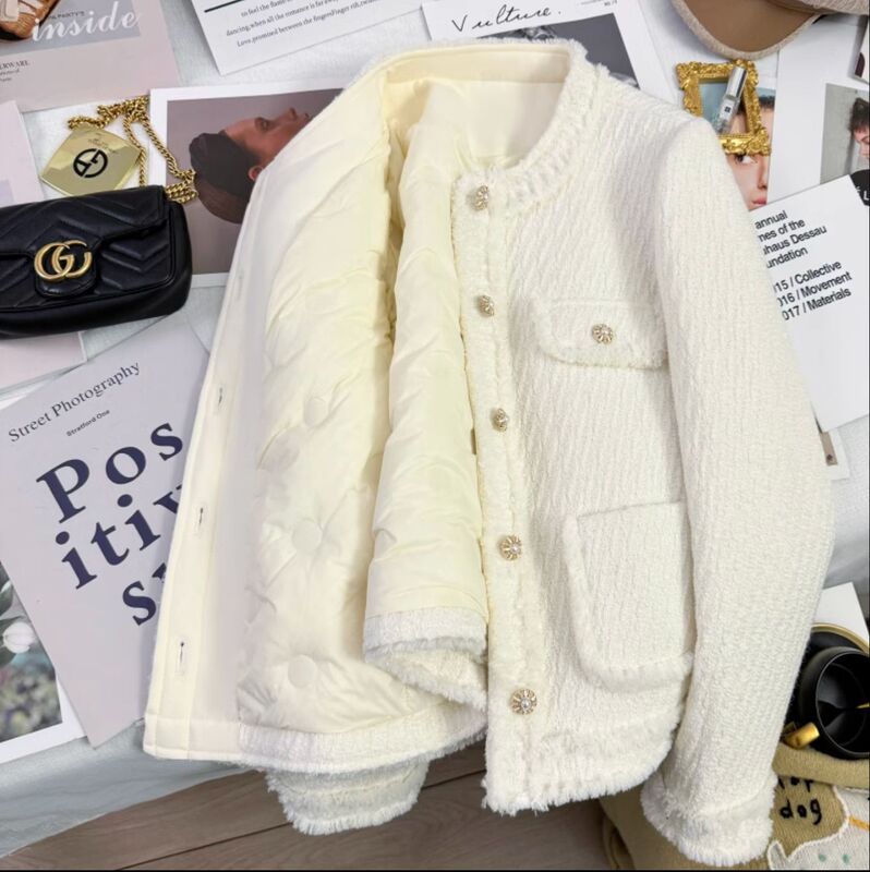 High-End Black Slim-Fit White Duck down Lining Short Jacket with Chanel-Style for Women, 2025 Winter New Korean Style Top
