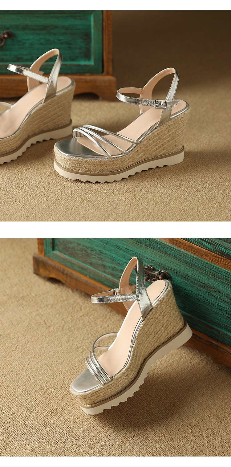 Sandal cao gót nữ phong cách Bohemian quai ngang mảnh hở mũi, đế xuồng đan rơm cao 9 cm — màu vàng, bạc chi tiết 10