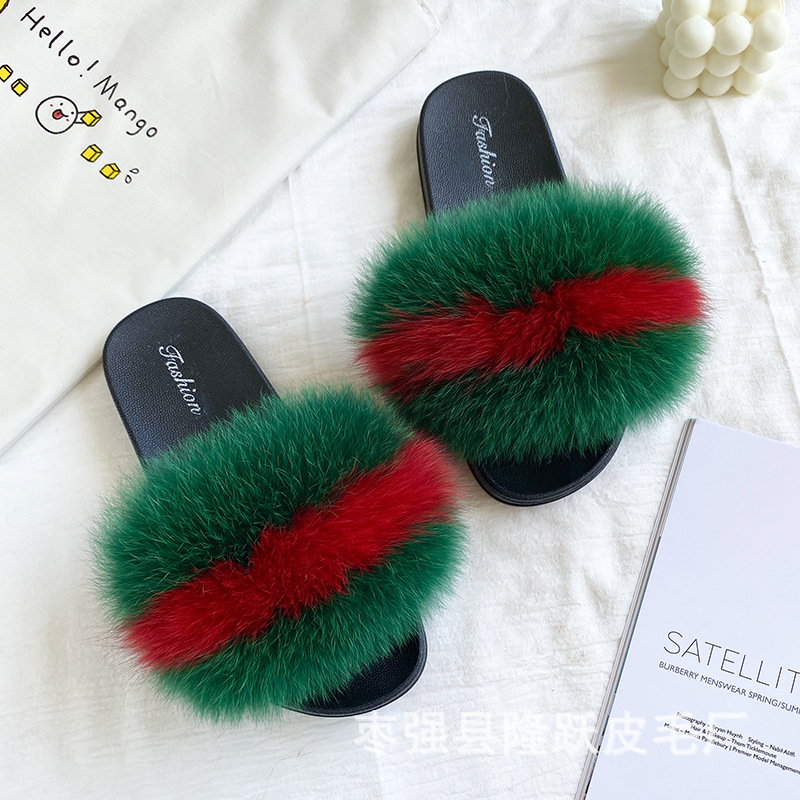 Amazon transfronterizo zapatillas de pelo de zorro real zapatillas de pelo de fondo plano zapatillas de pelo de mujer zapatillas de pelo de verano nuevas exportaciones