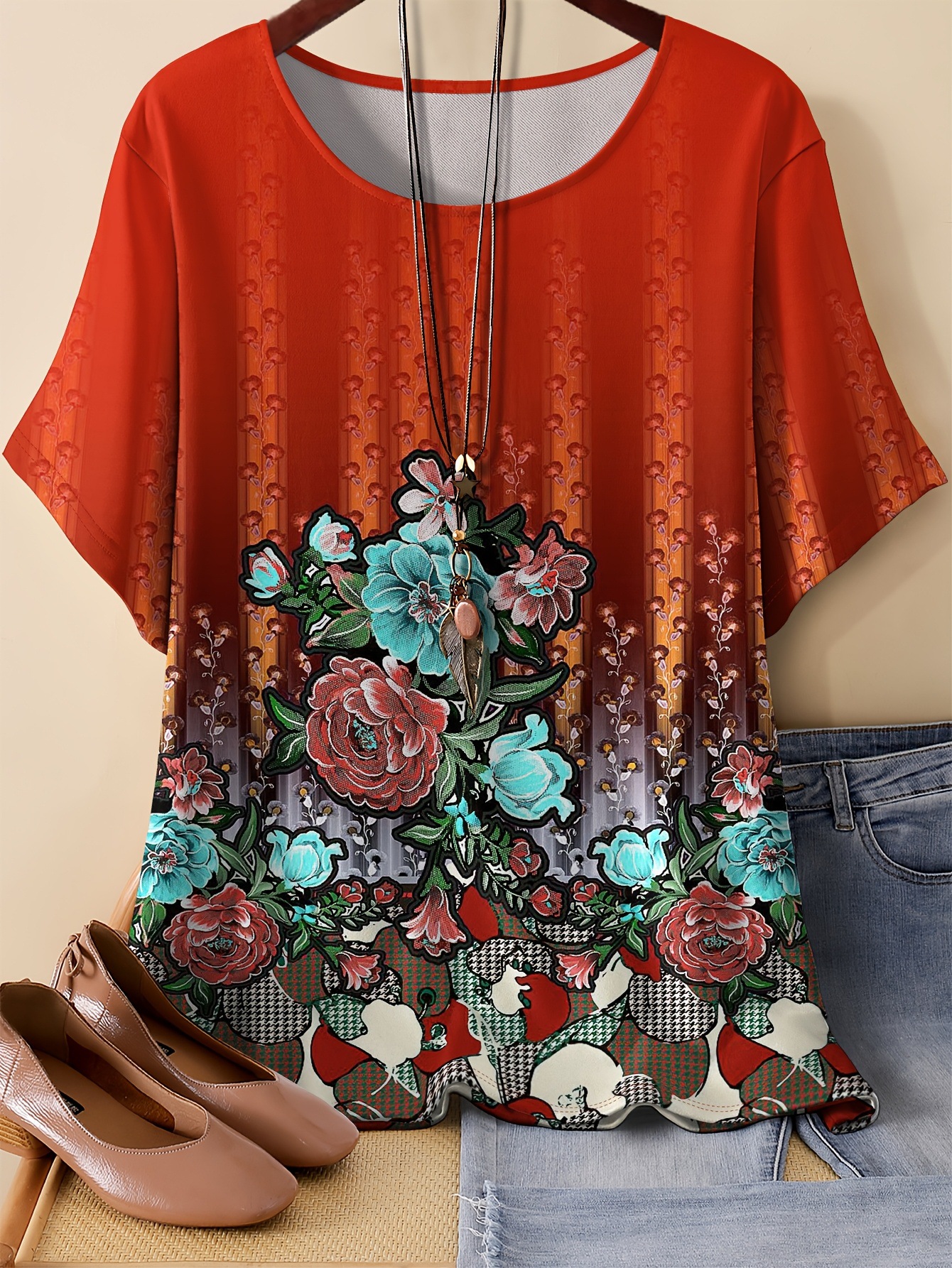 Floral & Crow Print Oversized T-Shirt – Soft Milk Silk Blend Short Sleeve Tee Unisex Oversized Cut_ecoleips.com