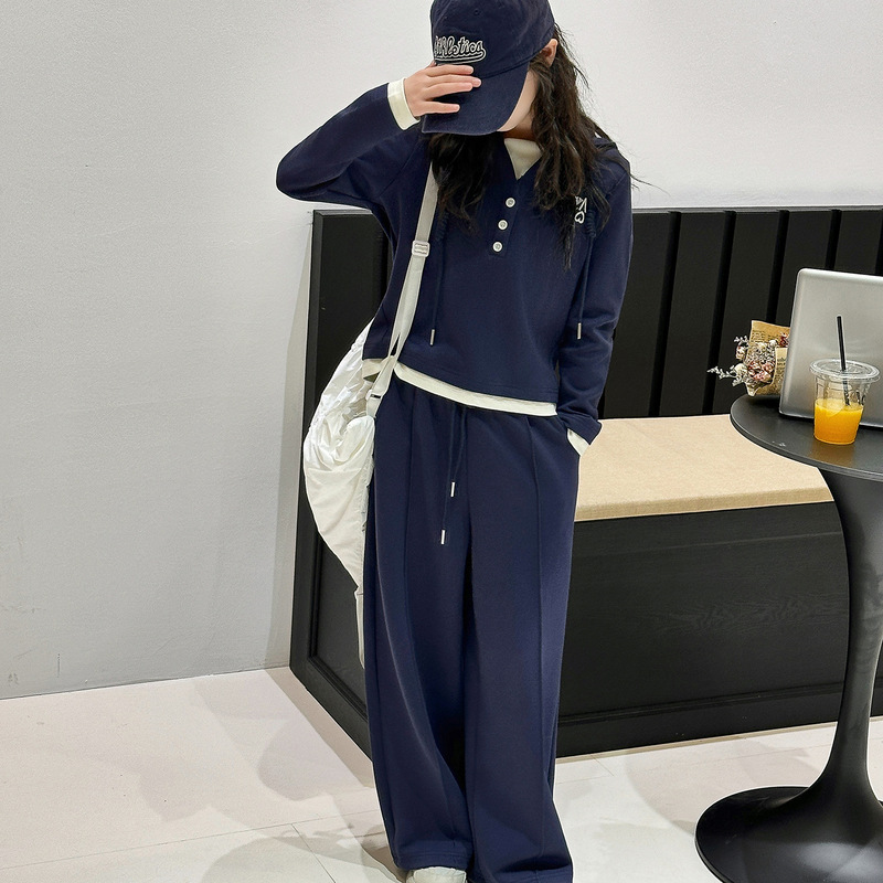 跨境女童套装秋新款2025儿童秋装运动大童时髦假两件卫衣休闲卫裤|undefined