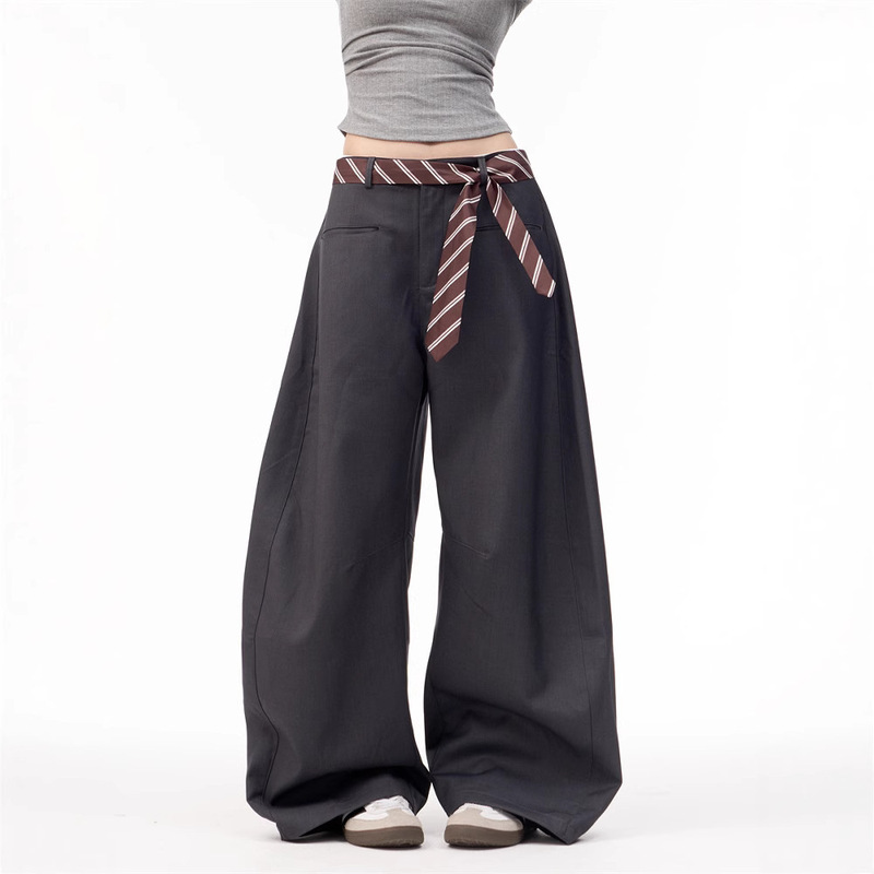 British Style American Ribbon Design Scimitar Casual Pants Women's American Classic Loose Wide-Leg Pants Trendy