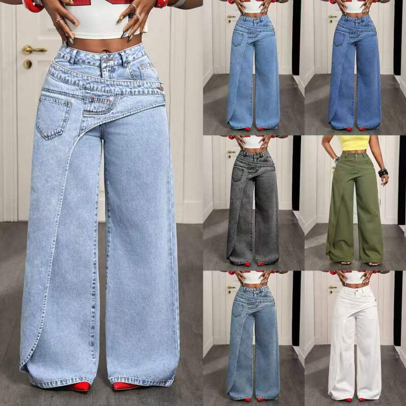 X-Spot Goods-66537 # Amazon Cross-Border European and American Versatile Casual Irregular Women's Wide-Leg Jeans Long Pants