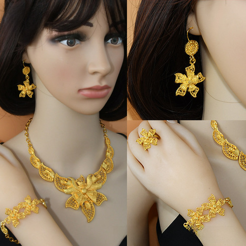 24K Dubai Gold Jewelry Set for Brides - Necklace, Bracelet, Earrings, and Ring - Four-Piece Set, African Women's Jewelry Set - Wholesale