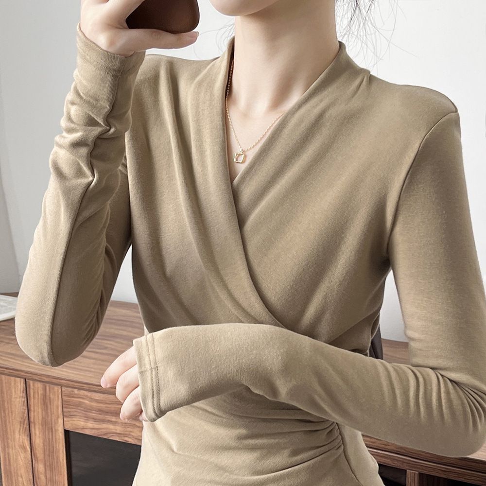 设计感领交叉显瘦t恤女2025春秋装新款可外穿不规则长袖打底上衣