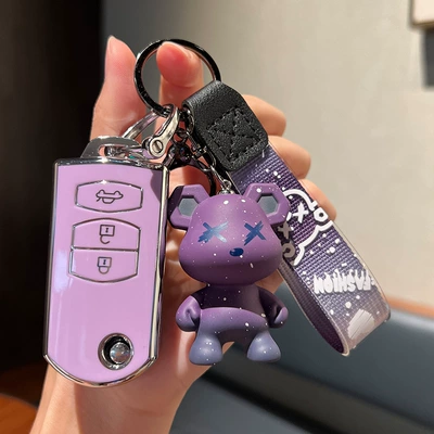 set Mazda 6/8/2 Jinxiang/MX-5 | Car key bag - mazda-d-folding-3-keys-single-shell-purple-purple-violent-bear-pendant