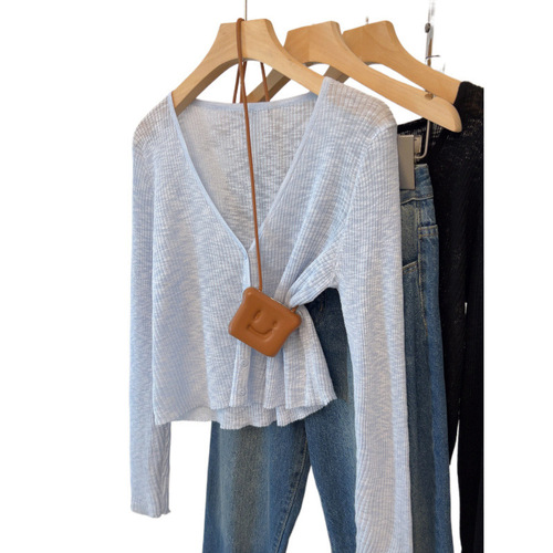 Hempelmann Blue Collar Thin Knit Sun Protection Cardigan for Women - Summer Outerwear, Air Conditioned Housecoat, Shawl, Short Jacket