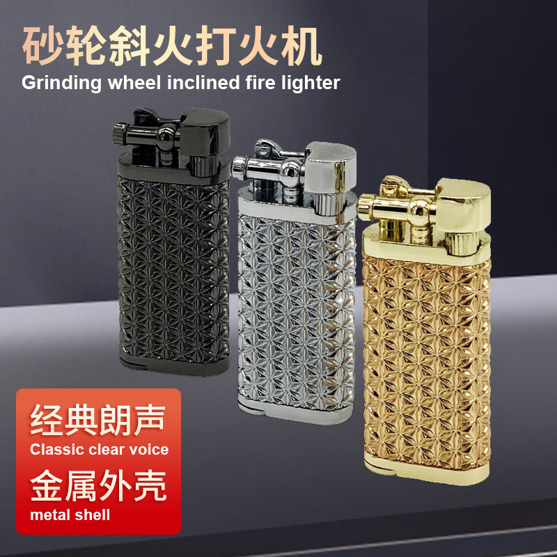 Grinding wheel open flame cigarette lighter gas creative inflatable Langsheng oblique fire lighter metal pipe mini lighter gift