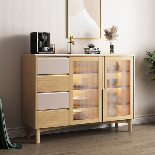Nordic solid wood sideboard glass cabinet door storage cabinet wine cabinet tea cabinet restaurant rubber wood storage cabinet cupboard