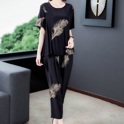 Extra large size Add fertilizer Easy Show thin fashion Mom outfit Two suit MM summer leisure time Haren pants suit