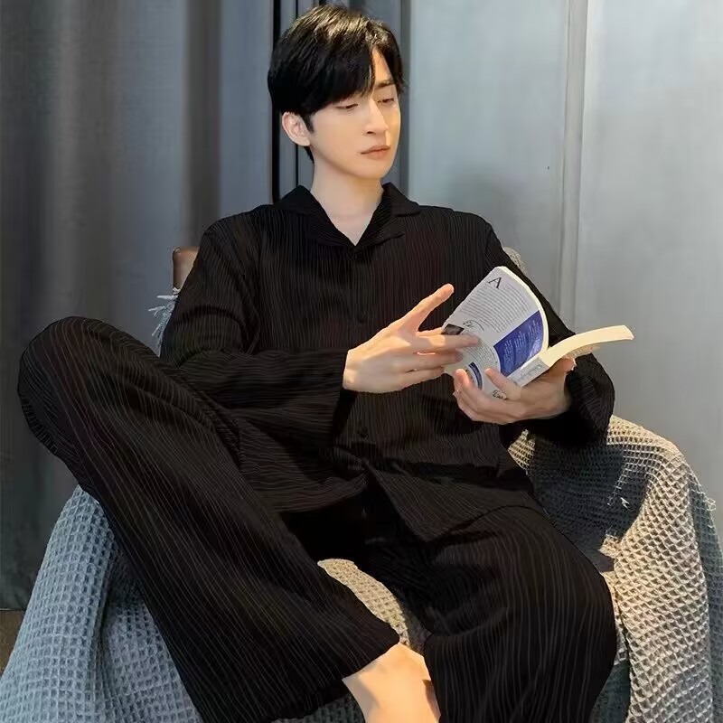 Pajamas de algodón de doble cara para hombres primavera y otoño de manga larga juveniles se pueden usar en el exterior