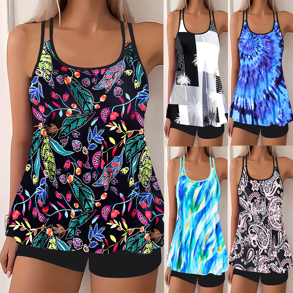 2025 European and American Amazon Export Cross-Border Printed Belly-Covering Slimming Look Large Size Split Ready-Made Swimsuit Women's Bikini