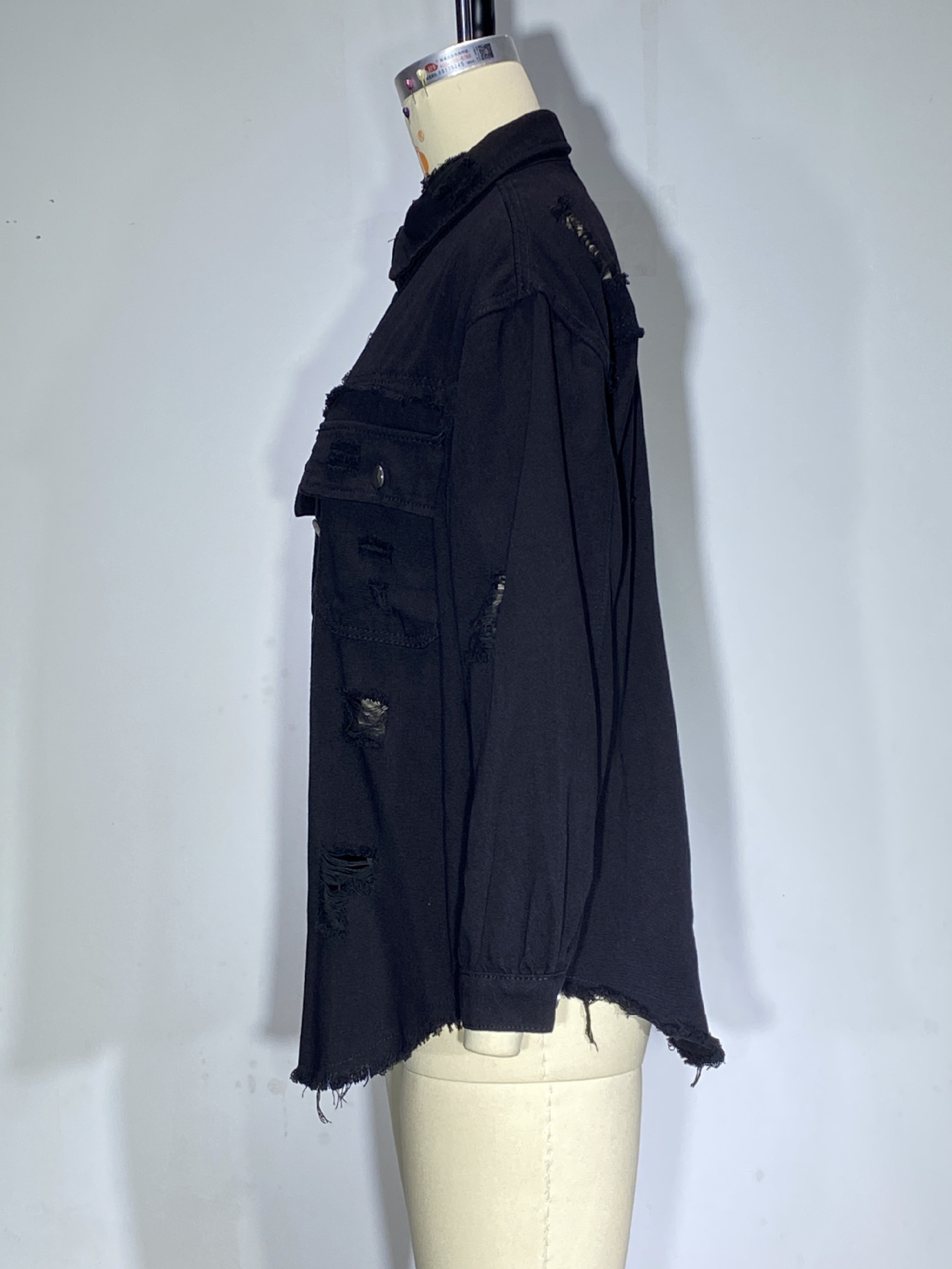Giacca di jeans donna con volant strappata bavero manica lunga_voghion.com