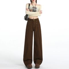 美拉德咖色阔腿牛仔裤女2025秋季新款设计感宽松显瘦直筒休闲裤子