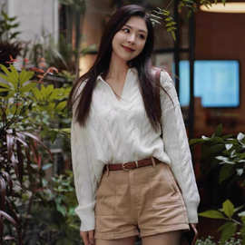 秋冬加厚女韩版Polo领套头毛衣麻花上衣100%羊毛针织洋气v领套头