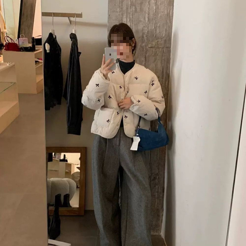 2025ins冬季新款甜美风蝴蝶结羽绒服女宽松休闲百搭保暖外套氨纶