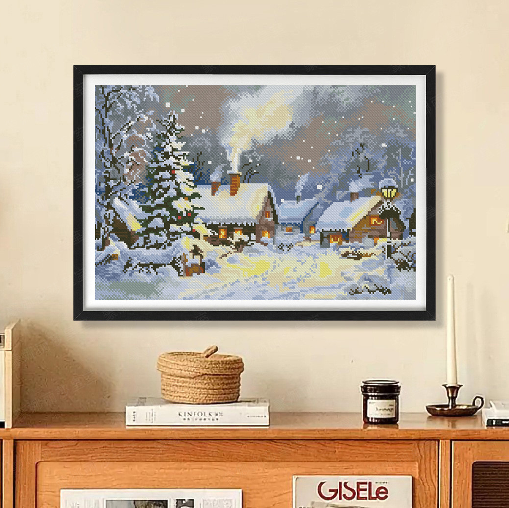 Nuevo cross-border diy impresión de bordado de nieve noche casa caliente de invierno nocturno europea pintura decorativa hecha a mano al por mayor image 1