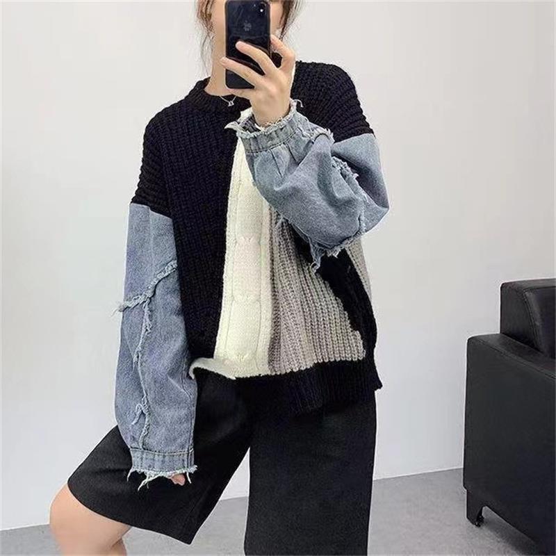 牛仔拼接麻花新款毛衣女2023春秋套头上衣显瘦气质宽松针织衫女装|undefined
