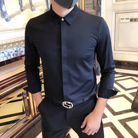 高端免烫抗皱帅气男士长袖衬衫商务休闲青年暗扣秋季衬衣职业工装