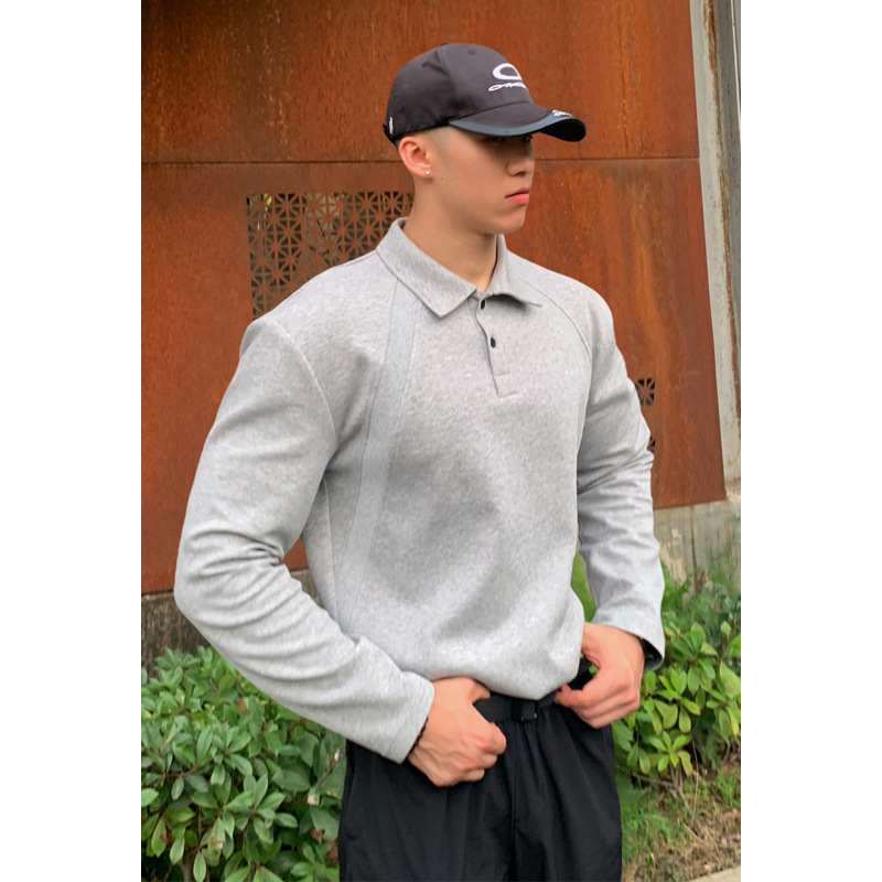 Polo/sweat-shirt en coton chinois à épaules droites, style américain, pour homme, printemps-automne, patchwork déstructuré._voghion.com