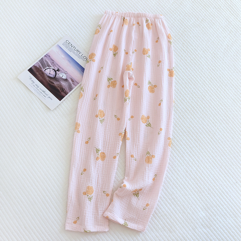 Spring And Summer New Trousers Women's Cute Flowers Thin Section 100%Cotton Crepe Casual Pants Loose Home Pants Women Bottoms