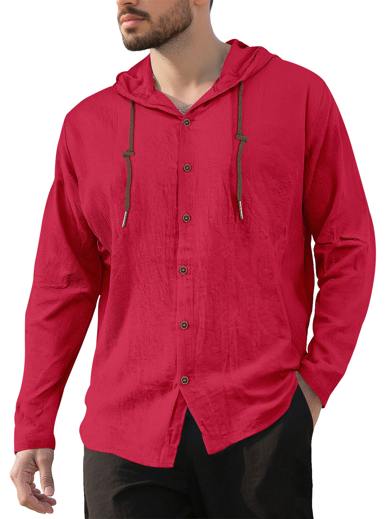 Transfronterizos de hombres Amazon encapuchado Camiseta de algodón camiseta de color sólido suelta de manga larga Cardigan casual chaqueta de playa