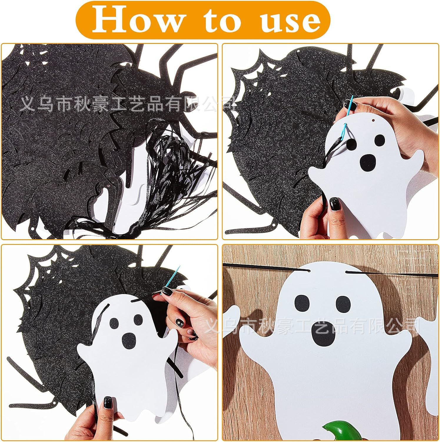 Decoración de Halloween bandera flash negra araña fantasma guirnalda 2024 nueva pegatina de pared de murciélago 3D colgante