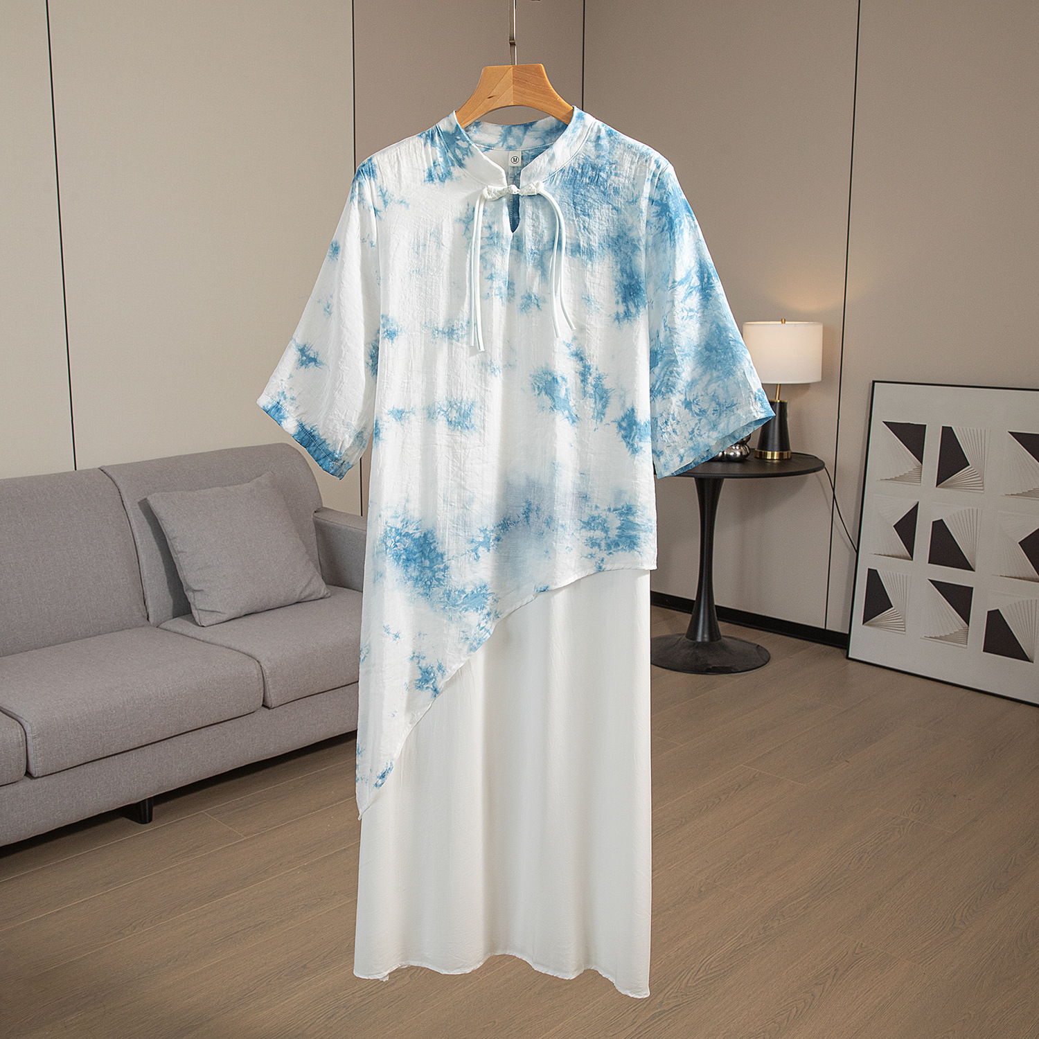 云南古法扎染新中式国风盘扣连衣裙女童新款母女亲子装假两件棉绸