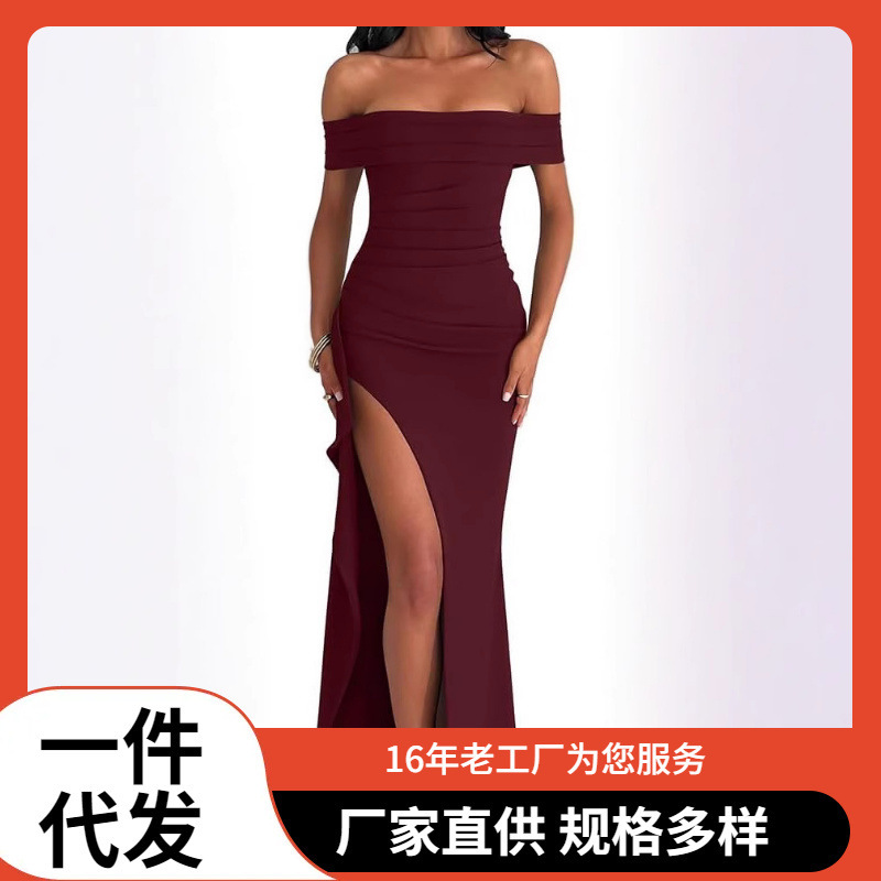 Foreign Trade Amazon Elegant Tight Off-Shoulder Sleeveless High Slit Long Formal Evening Plus Size Dress for Women