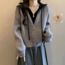 韩版假两件连帽长袖针织开衫女2025秋冬新款宽松显瘦百搭毛衣外套