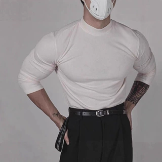 半高领冰丝螺纹t恤肌肉男褶皱肌理感修身弹力长袖凉感速干打底衫