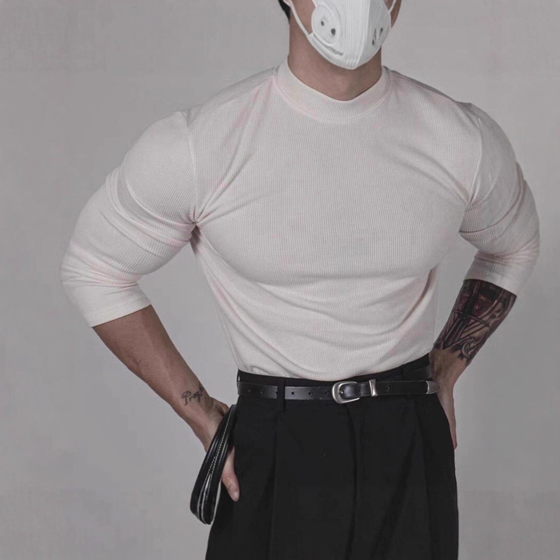 Half Turtleneck Ice Silk Threaded T-Shirt for Muscular Men with Pleated Texture, Slim Fit, Elastic Long-Sleeved, Cool and Quick-Drying Bottoming Shirt