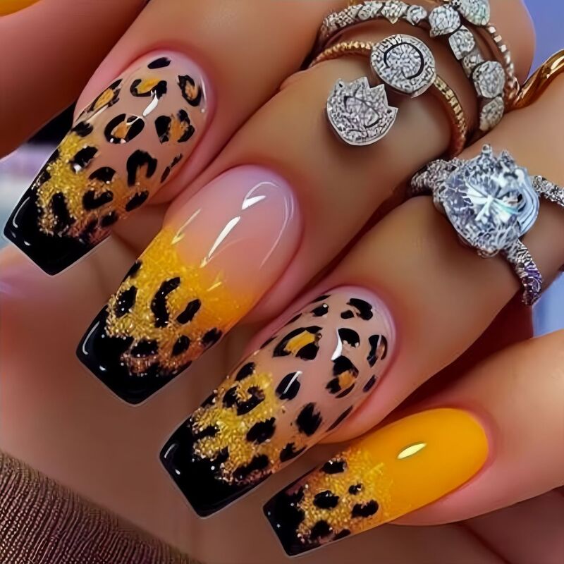 Press-On Fake Nail Patches, Medium-Length Ballet Nails, Yellow Leopard Print Nail Patches, Spring and Summer