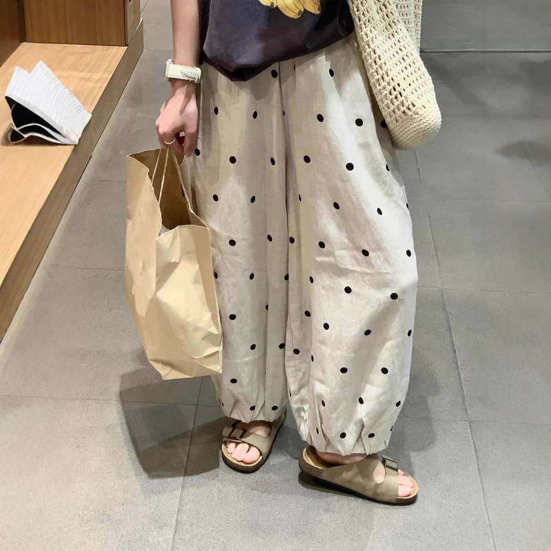 Guangzhou Shisanxing High-Quality Hot-Selling Item~ Linen Polka Dot Lantern Pants for Women, High-Waisted Loose Fit, Cuffed Flower Bud Nine-Point Pants for Summer Guangzhou Shisanxing High-Quality Hot-Selling Item~ Linen Polka Dot Lantern Pants for Women, High-Waisted Loose Fit, Cuffed Flower Bud Nine-Point Pants for Summer