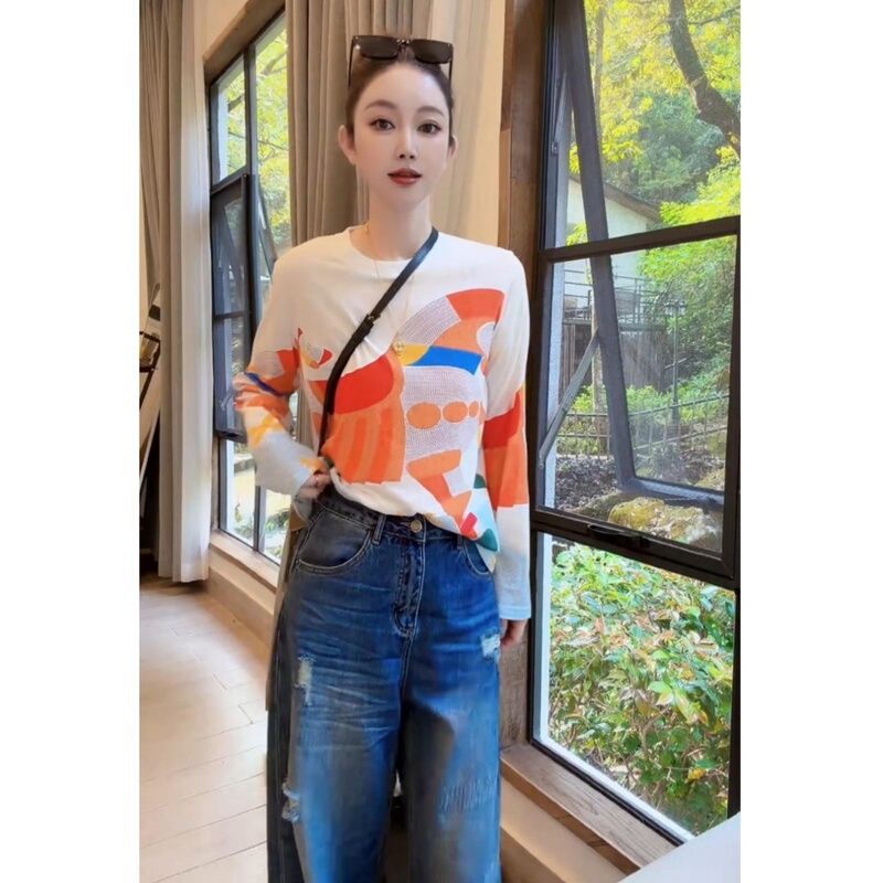 Women's White Pony Print Long-Sleeve T-Shirt, Summer Thin Style, Lightweight Breathable Outerwear, Sun Protection Cover-Up, Air Conditioning Shirt Top