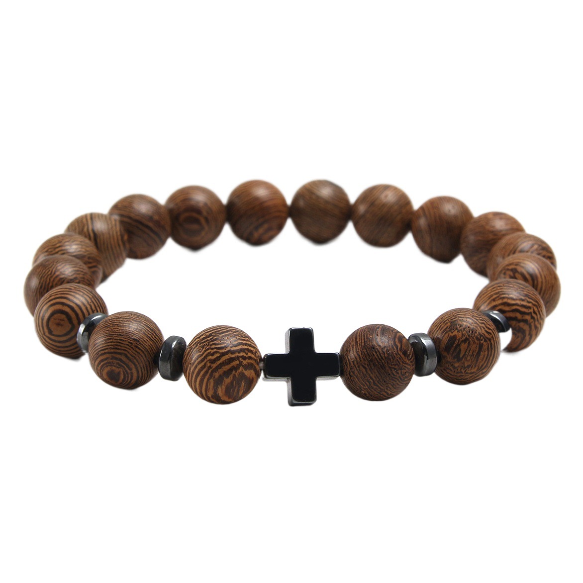 Cross-Border Natural Stone Frosted Stone Wooden Beads Cross Stainless Steel Spacer Beads Bracelet Vintage Trendy Elastic Stackable Bracelet