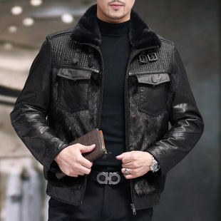 Fur One Men's Mink Fur Leather Down Jacket Short Lapel Slim Fit Leather Jacket Mink Coat Fur Coat