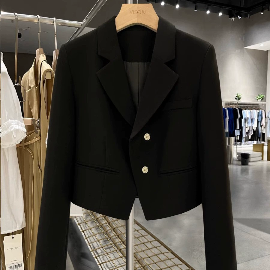 Black demi-season short classic suit jacket, for teenagers, high-end, Korean style