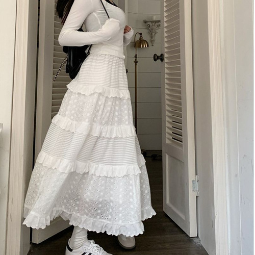 Lace cake dress for women 2025 high-waisted slimming waist-cinching mini skirt for petite figures white early autumn long dress A-line
