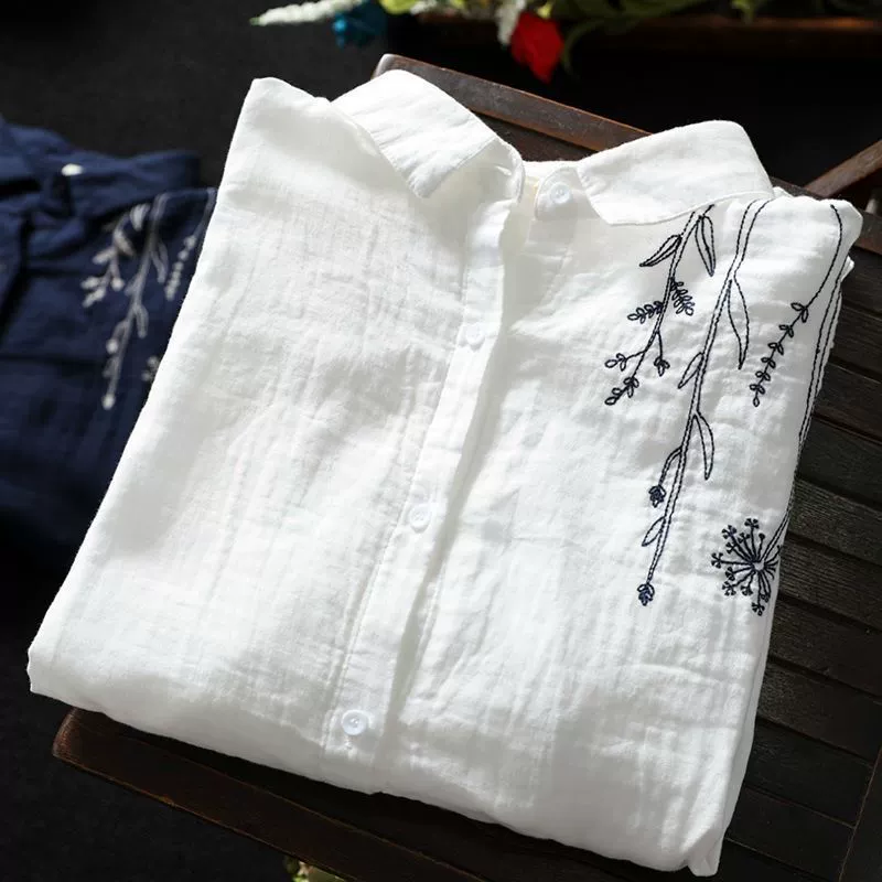 Ретро литературная вышивка рубашка дамы весенний новый темперамент тонкая, свободная, белая тонкая рубашка с длинными рукавами