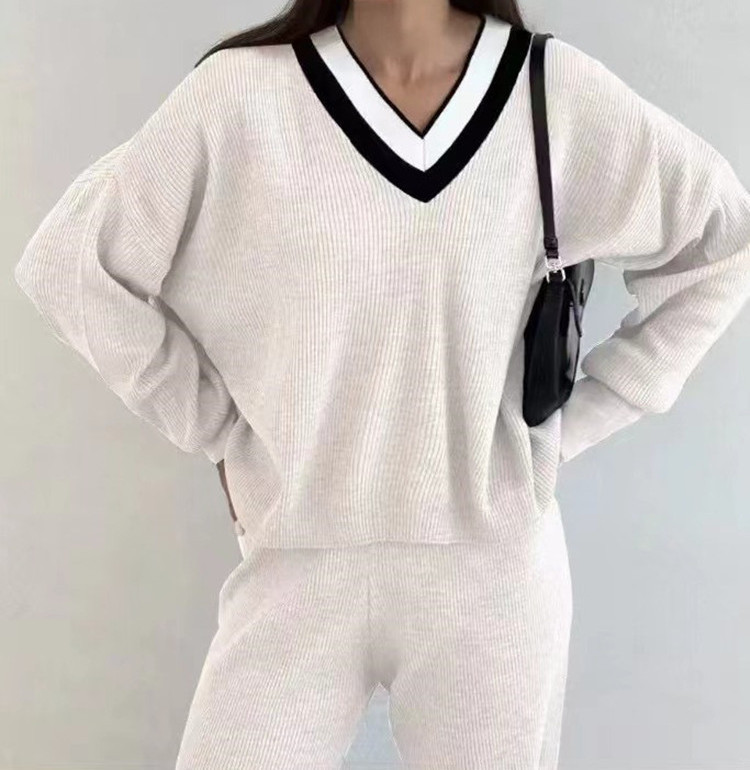 撞色V领毛衣+纯色阔腿裤两件套装女跨境秋冬新款宽松百搭针织套装|undefined