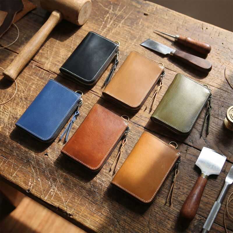 Handmade Vintage First Layer Cowhide Men's Wallet Genuine Leather Short Zipper Wallet Vertical Wallet Driver's License Card Holder
