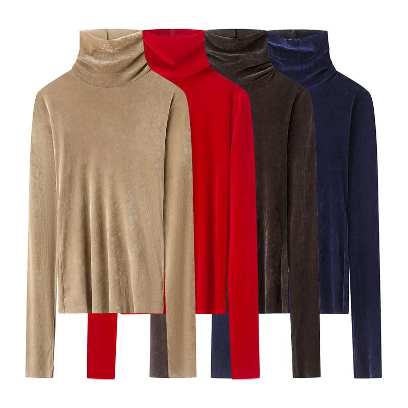 High-Neck Slim Velvet Bottoming Shirt 2025 Autum New Versatile Slim Fashion Long-Sleeved T-Shirt Skin Clothing for Women