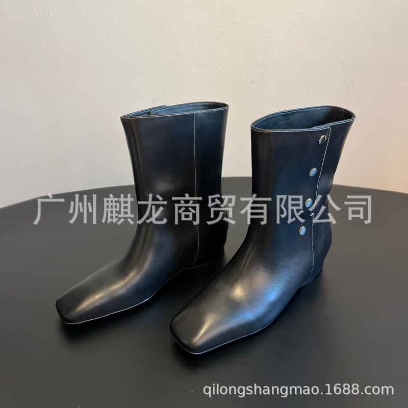 高端小众2025秋冬真皮方头复古多排扣内增高套筒短靴切尔西靴单靴|undefined